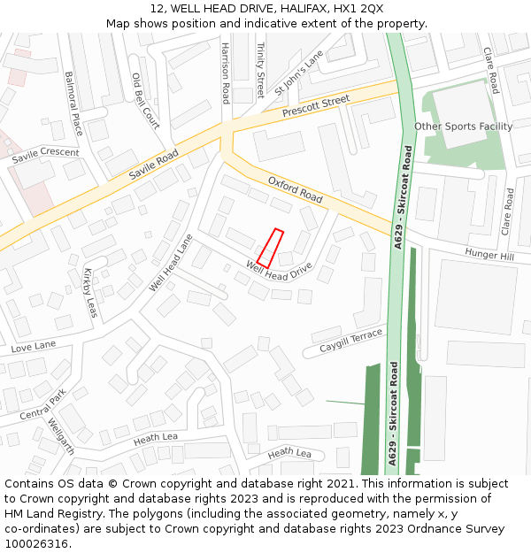 12, WELL HEAD DRIVE, HALIFAX, HX1 2QX: Location map and indicative extent of plot