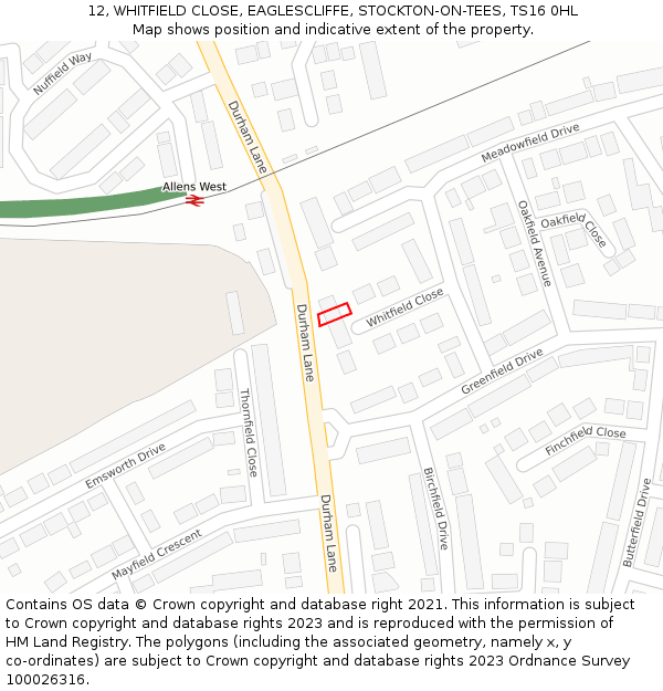 12, WHITFIELD CLOSE, EAGLESCLIFFE, STOCKTON-ON-TEES, TS16 0HL: Location map and indicative extent of plot