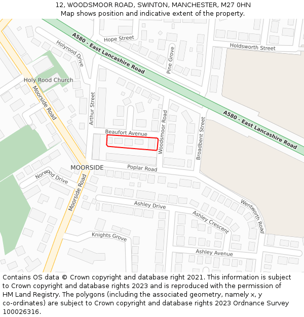 12, WOODSMOOR ROAD, SWINTON, MANCHESTER, M27 0HN: Location map and indicative extent of plot