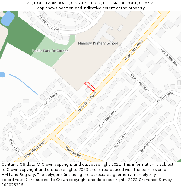 120, HOPE FARM ROAD, GREAT SUTTON, ELLESMERE PORT, CH66 2TL: Location map and indicative extent of plot