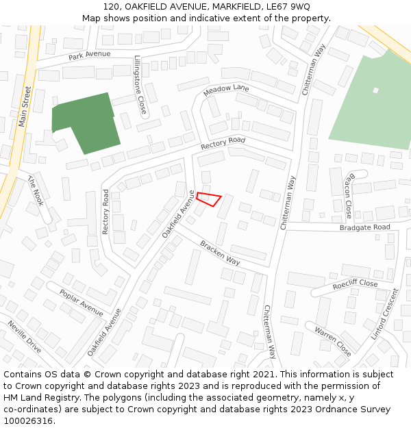 120, OAKFIELD AVENUE, MARKFIELD, LE67 9WQ: Location map and indicative extent of plot