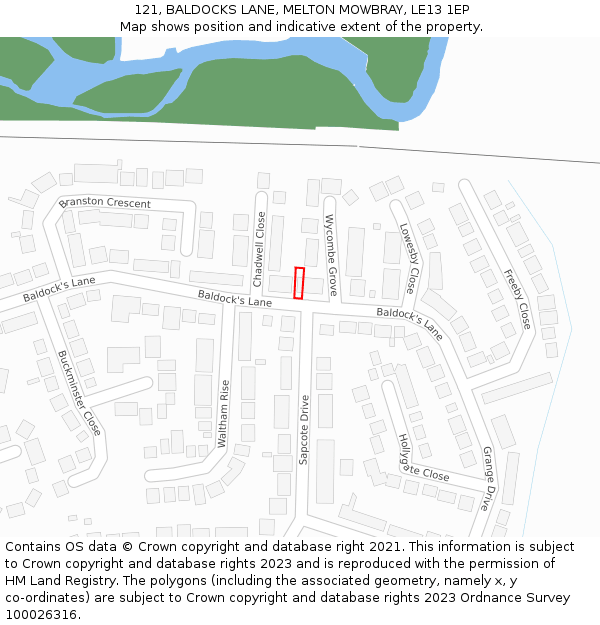 121, BALDOCKS LANE, MELTON MOWBRAY, LE13 1EP: Location map and indicative extent of plot