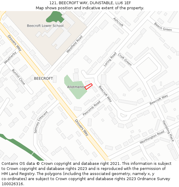 121, BEECROFT WAY, DUNSTABLE, LU6 1EF: Location map and indicative extent of plot