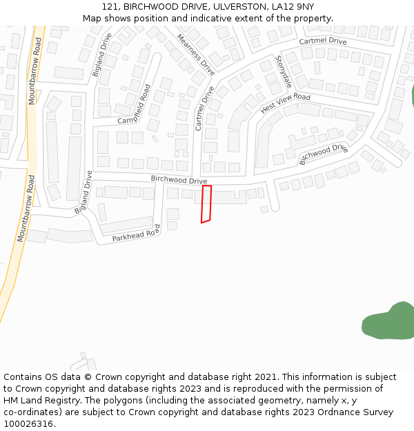 121, BIRCHWOOD DRIVE, ULVERSTON, LA12 9NY: Location map and indicative extent of plot