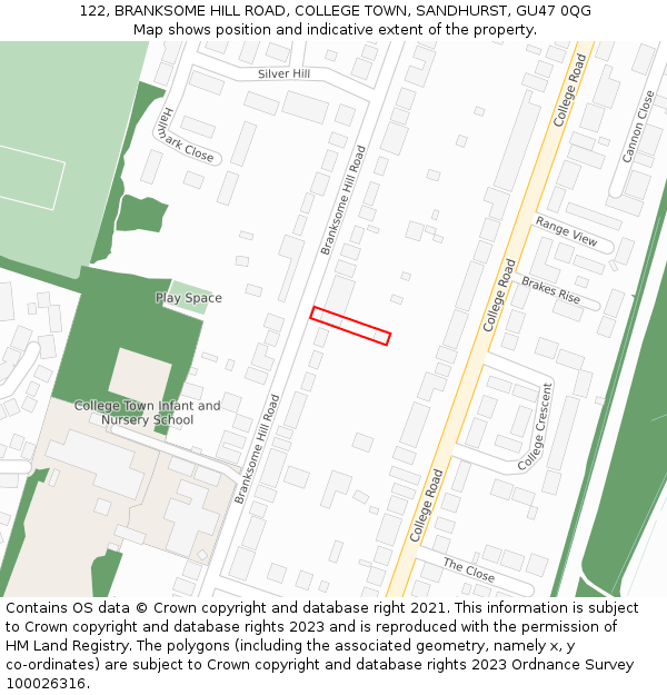 122, BRANKSOME HILL ROAD, COLLEGE TOWN, SANDHURST, GU47 0QG: Location map and indicative extent of plot