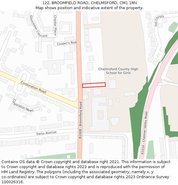 122, BROOMFIELD ROAD, CHELMSFORD, CM1 1RN: Location map and indicative extent of plot