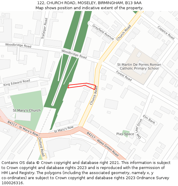 122, CHURCH ROAD, MOSELEY, BIRMINGHAM, B13 9AA: Location map and indicative extent of plot