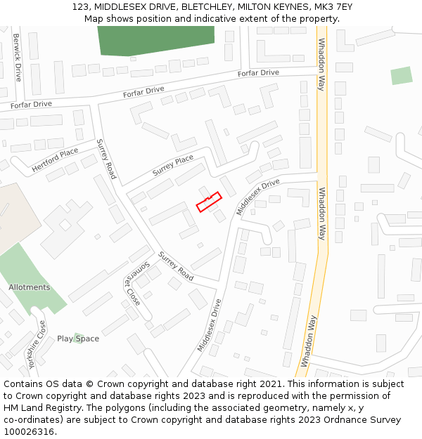 123, MIDDLESEX DRIVE, BLETCHLEY, MILTON KEYNES, MK3 7EY: Location map and indicative extent of plot