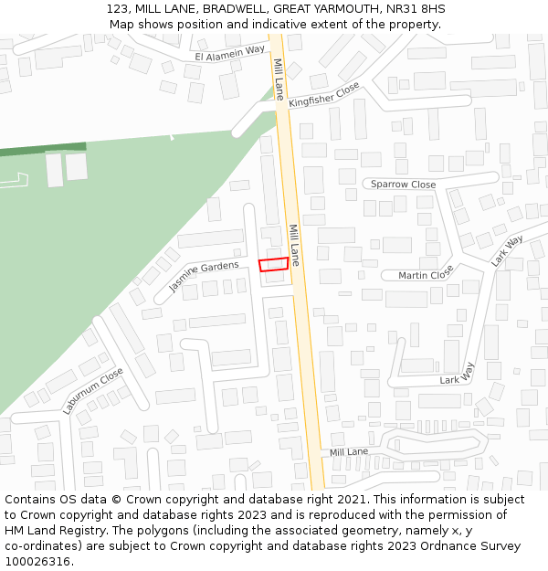 123, MILL LANE, BRADWELL, GREAT YARMOUTH, NR31 8HS: Location map and indicative extent of plot