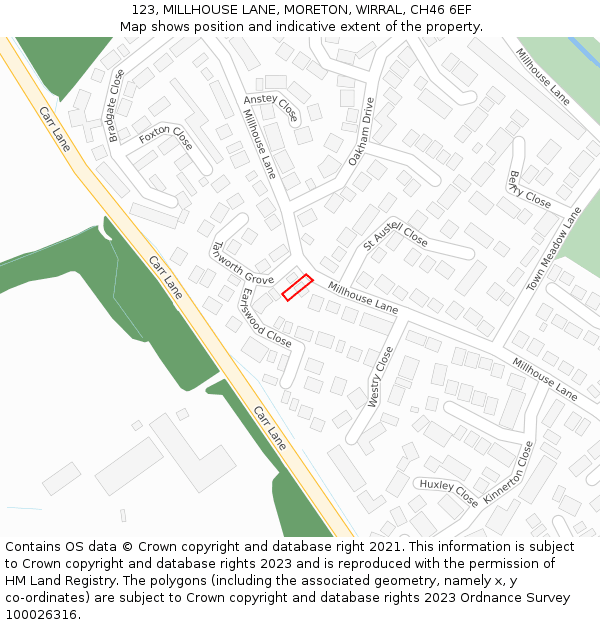 123, MILLHOUSE LANE, MORETON, WIRRAL, CH46 6EF: Location map and indicative extent of plot