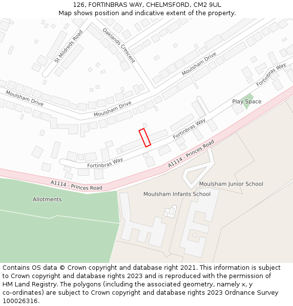 126, FORTINBRAS WAY, CHELMSFORD, CM2 9UL: Location map and indicative extent of plot