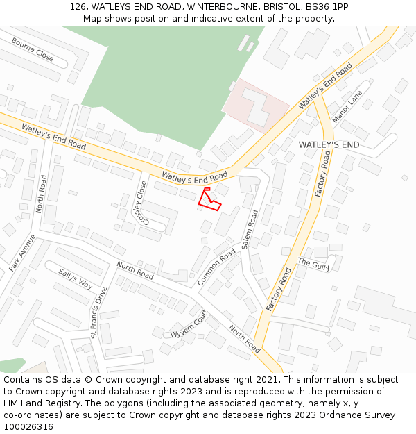 126, WATLEYS END ROAD, WINTERBOURNE, BRISTOL, BS36 1PP: Location map and indicative extent of plot