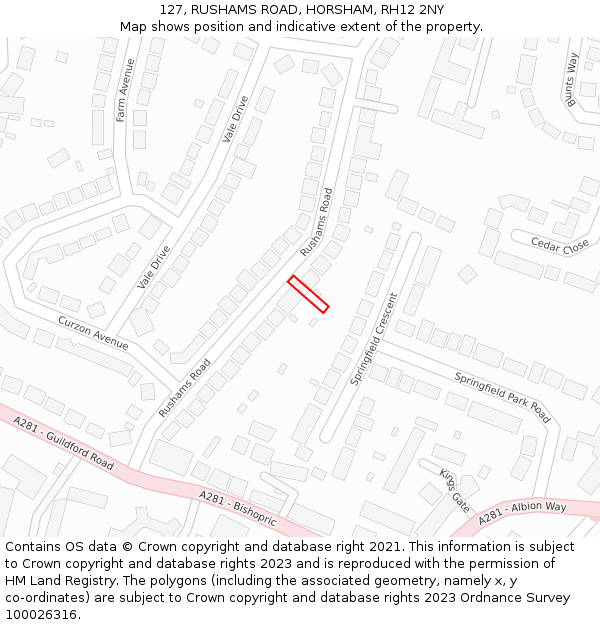 127, RUSHAMS ROAD, HORSHAM, RH12 2NY: Location map and indicative extent of plot