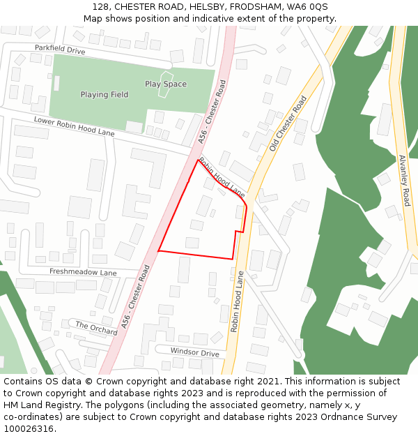 128, CHESTER ROAD, HELSBY, FRODSHAM, WA6 0QS: Location map and indicative extent of plot