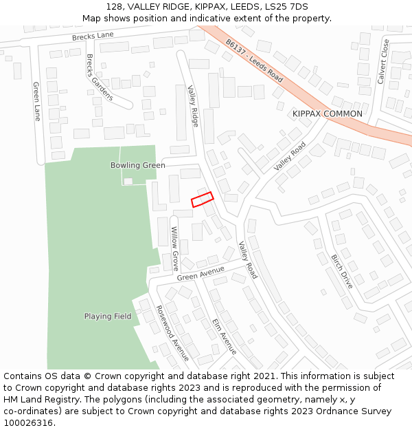 128, VALLEY RIDGE, KIPPAX, LEEDS, LS25 7DS: Location map and indicative extent of plot