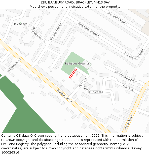 129, BANBURY ROAD, BRACKLEY, NN13 6AY: Location map and indicative extent of plot