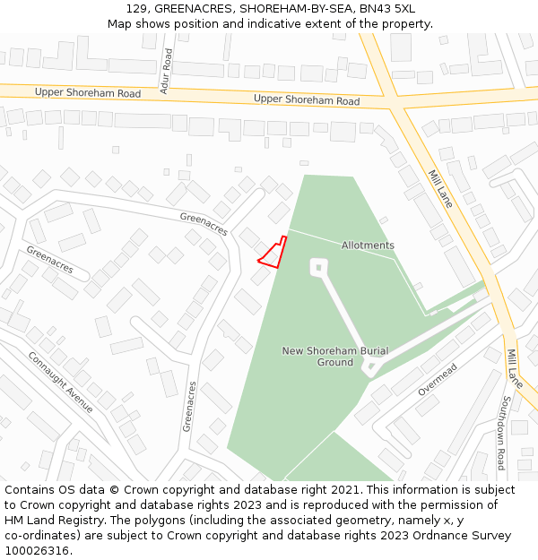 129, GREENACRES, SHOREHAM-BY-SEA, BN43 5XL: Location map and indicative extent of plot