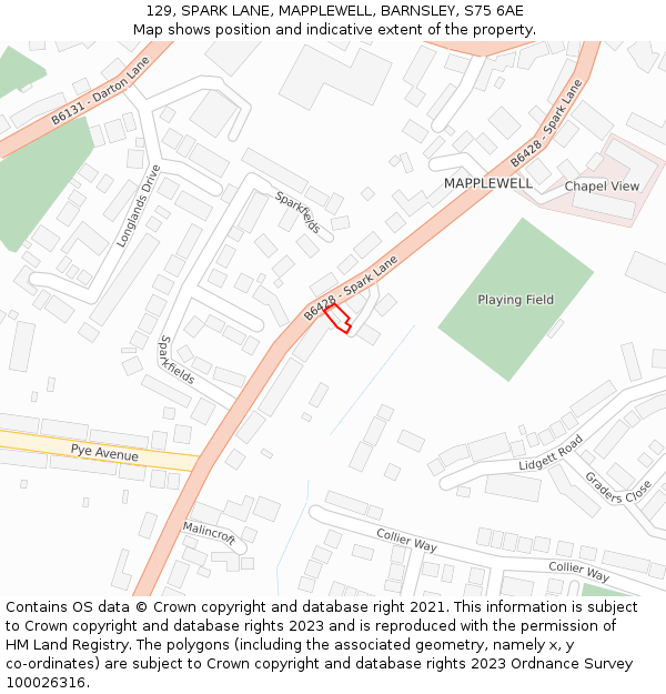 129, SPARK LANE, MAPPLEWELL, BARNSLEY, S75 6AE: Location map and indicative extent of plot