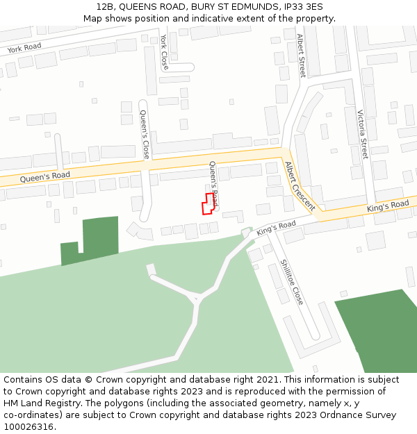12B, QUEENS ROAD, BURY ST EDMUNDS, IP33 3ES: Location map and indicative extent of plot