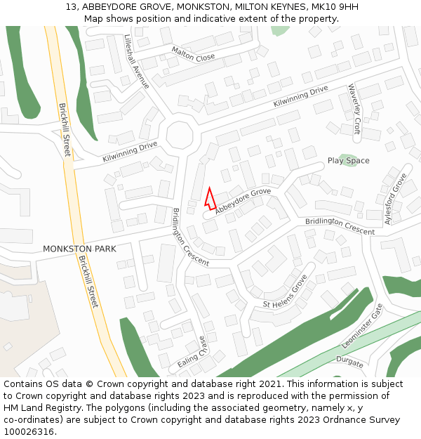13, ABBEYDORE GROVE, MONKSTON, MILTON KEYNES, MK10 9HH: Location map and indicative extent of plot