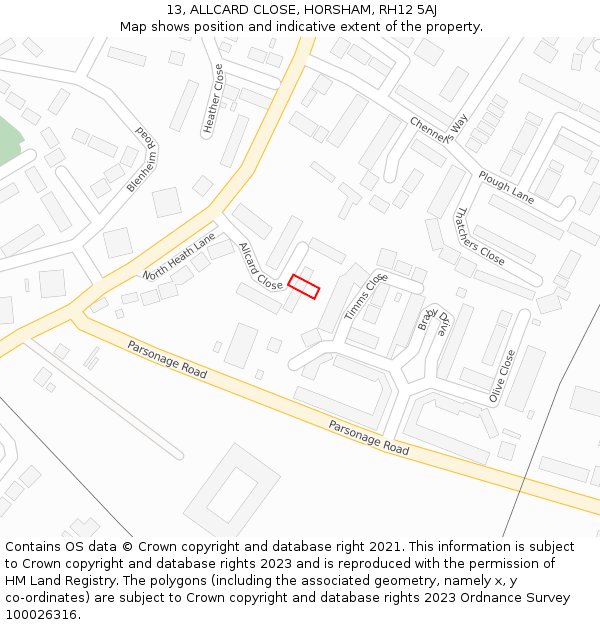 13, ALLCARD CLOSE, HORSHAM, RH12 5AJ: Location map and indicative extent of plot