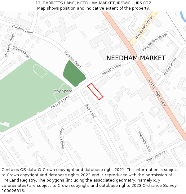 13, BARRETTS LANE, NEEDHAM MARKET, IPSWICH, IP6 8BZ: Location map and indicative extent of plot