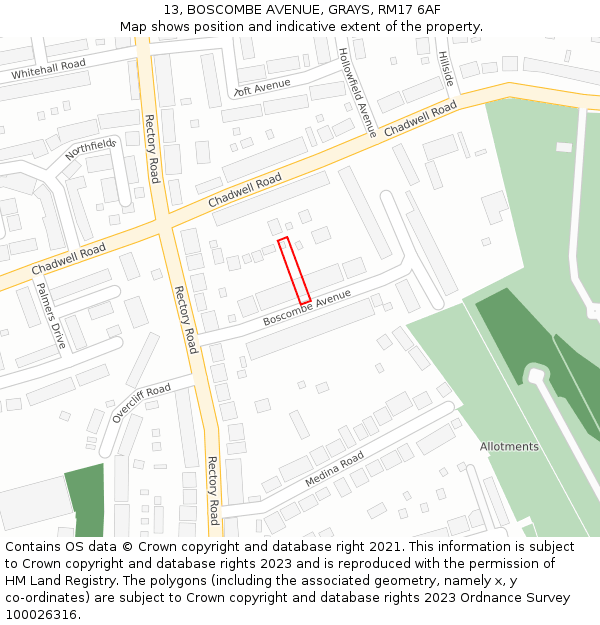 13, BOSCOMBE AVENUE, GRAYS, RM17 6AF: Location map and indicative extent of plot