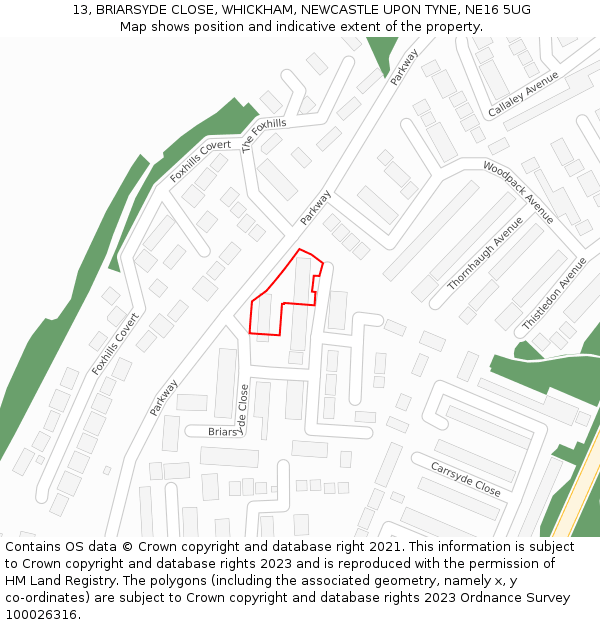 13, BRIARSYDE CLOSE, WHICKHAM, NEWCASTLE UPON TYNE, NE16 5UG: Location map and indicative extent of plot