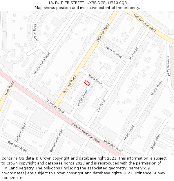 13, BUTLER STREET, UXBRIDGE, UB10 0QR: Location map and indicative extent of plot