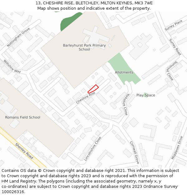 13, CHESHIRE RISE, BLETCHLEY, MILTON KEYNES, MK3 7WE: Location map and indicative extent of plot