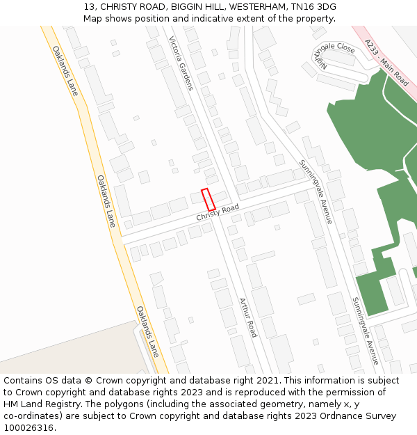 13, CHRISTY ROAD, BIGGIN HILL, WESTERHAM, TN16 3DG: Location map and indicative extent of plot