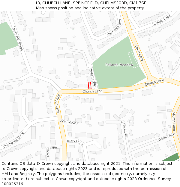 13, CHURCH LANE, SPRINGFIELD, CHELMSFORD, CM1 7SF: Location map and indicative extent of plot