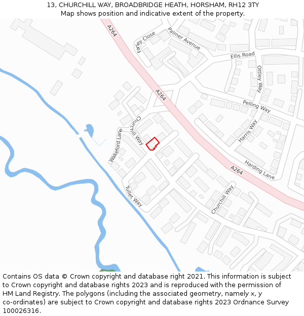13, CHURCHILL WAY, BROADBRIDGE HEATH, HORSHAM, RH12 3TY: Location map and indicative extent of plot
