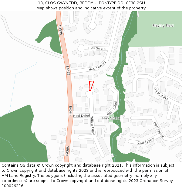 13, CLOS GWYNEDD, BEDDAU, PONTYPRIDD, CF38 2SU: Location map and indicative extent of plot