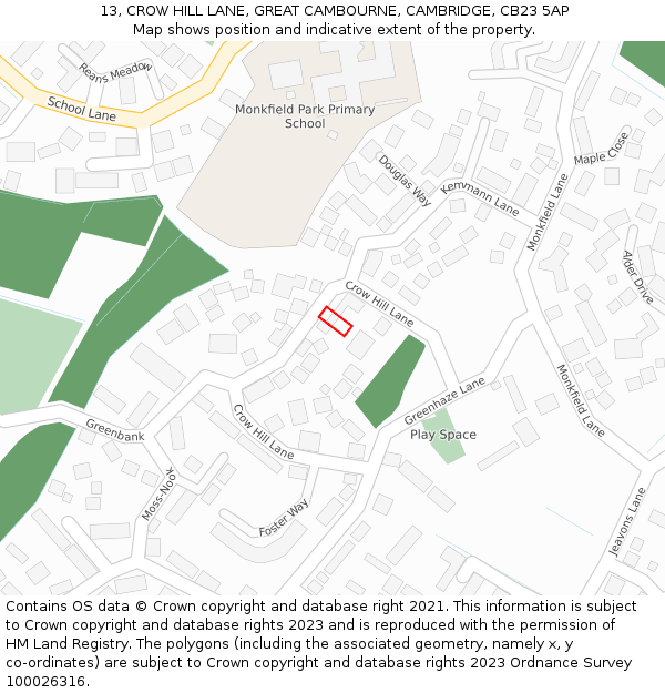 13, CROW HILL LANE, GREAT CAMBOURNE, CAMBRIDGE, CB23 5AP: Location map and indicative extent of plot