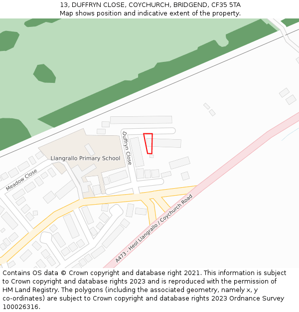 13, DUFFRYN CLOSE, COYCHURCH, BRIDGEND, CF35 5TA: Location map and indicative extent of plot