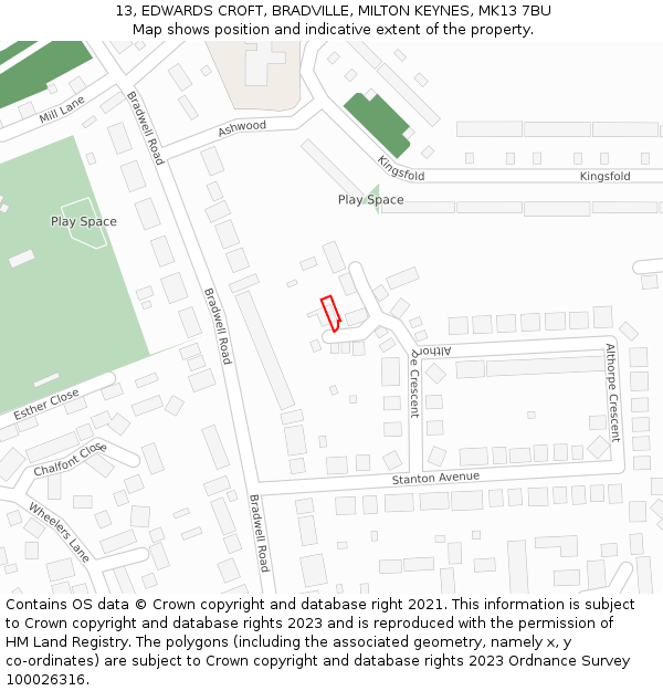 13, EDWARDS CROFT, BRADVILLE, MILTON KEYNES, MK13 7BU: Location map and indicative extent of plot