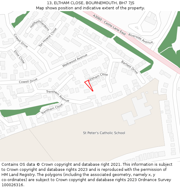 13, ELTHAM CLOSE, BOURNEMOUTH, BH7 7JS: Location map and indicative extent of plot