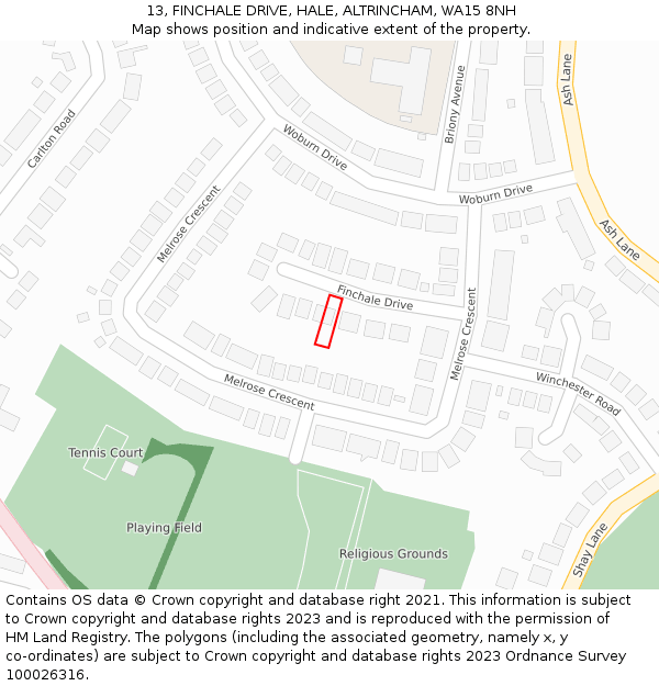 13, FINCHALE DRIVE, HALE, ALTRINCHAM, WA15 8NH: Location map and indicative extent of plot