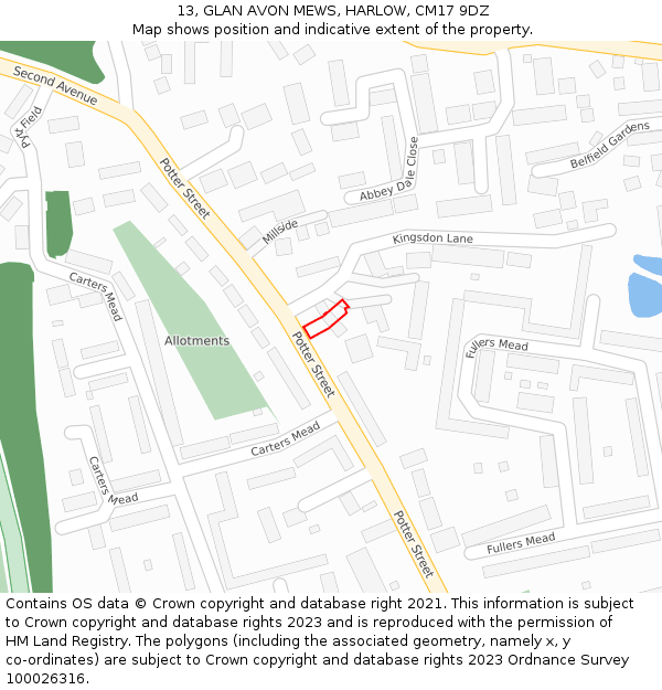 13, GLAN AVON MEWS, HARLOW, CM17 9DZ: Location map and indicative extent of plot