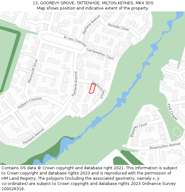 13, GODREVY GROVE, TATTENHOE, MILTON KEYNES, MK4 3DS: Location map and indicative extent of plot