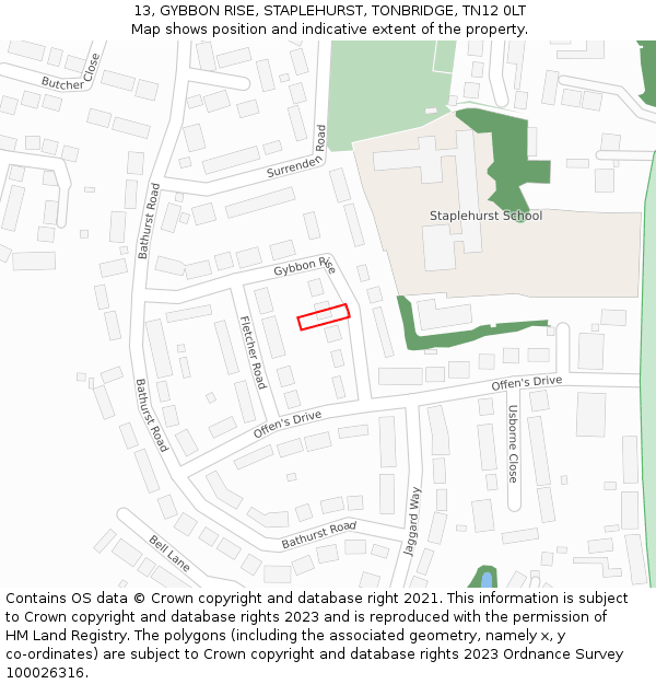 13, GYBBON RISE, STAPLEHURST, TONBRIDGE, TN12 0LT: Location map and indicative extent of plot