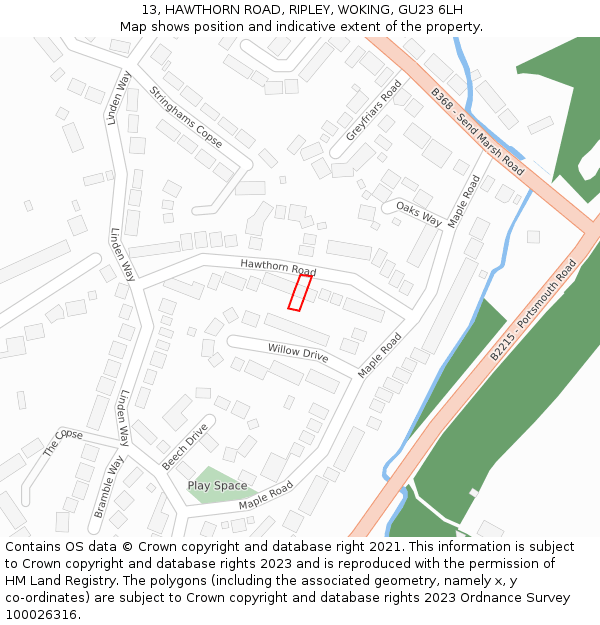 13, HAWTHORN ROAD, RIPLEY, WOKING, GU23 6LH: Location map and indicative extent of plot