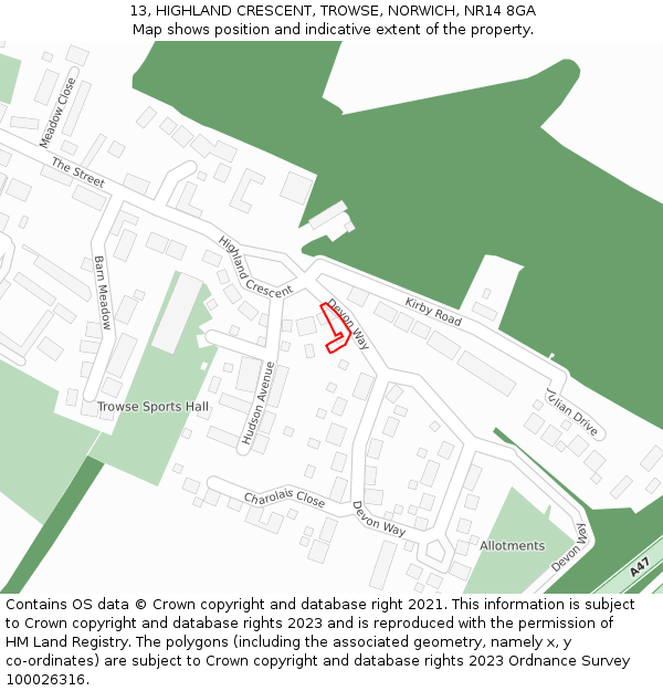 13, HIGHLAND CRESCENT, TROWSE, NORWICH, NR14 8GA: Location map and indicative extent of plot