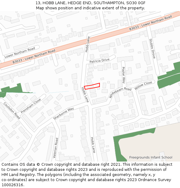 13, HOBB LANE, HEDGE END, SOUTHAMPTON, SO30 0GF: Location map and indicative extent of plot