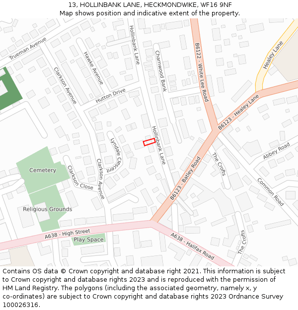13, HOLLINBANK LANE, HECKMONDWIKE, WF16 9NF: Location map and indicative extent of plot