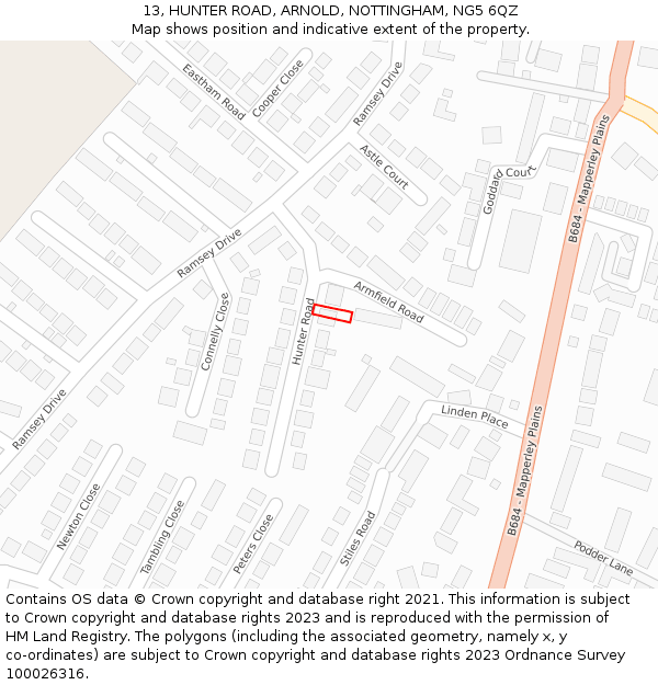 13, HUNTER ROAD, ARNOLD, NOTTINGHAM, NG5 6QZ: Location map and indicative extent of plot