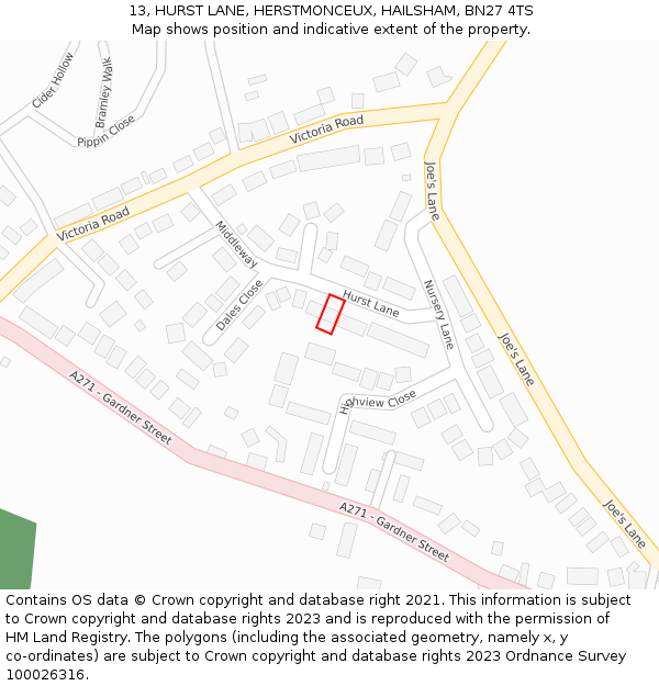 13, HURST LANE, HERSTMONCEUX, HAILSHAM, BN27 4TS: Location map and indicative extent of plot