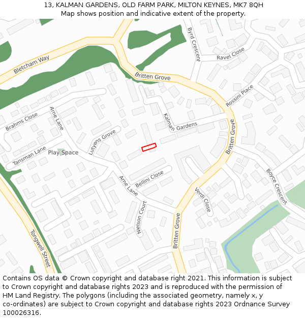 13, KALMAN GARDENS, OLD FARM PARK, MILTON KEYNES, MK7 8QH: Location map and indicative extent of plot