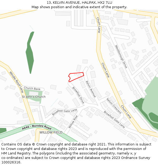 13, KELVIN AVENUE, HALIFAX, HX2 7LU: Location map and indicative extent of plot
